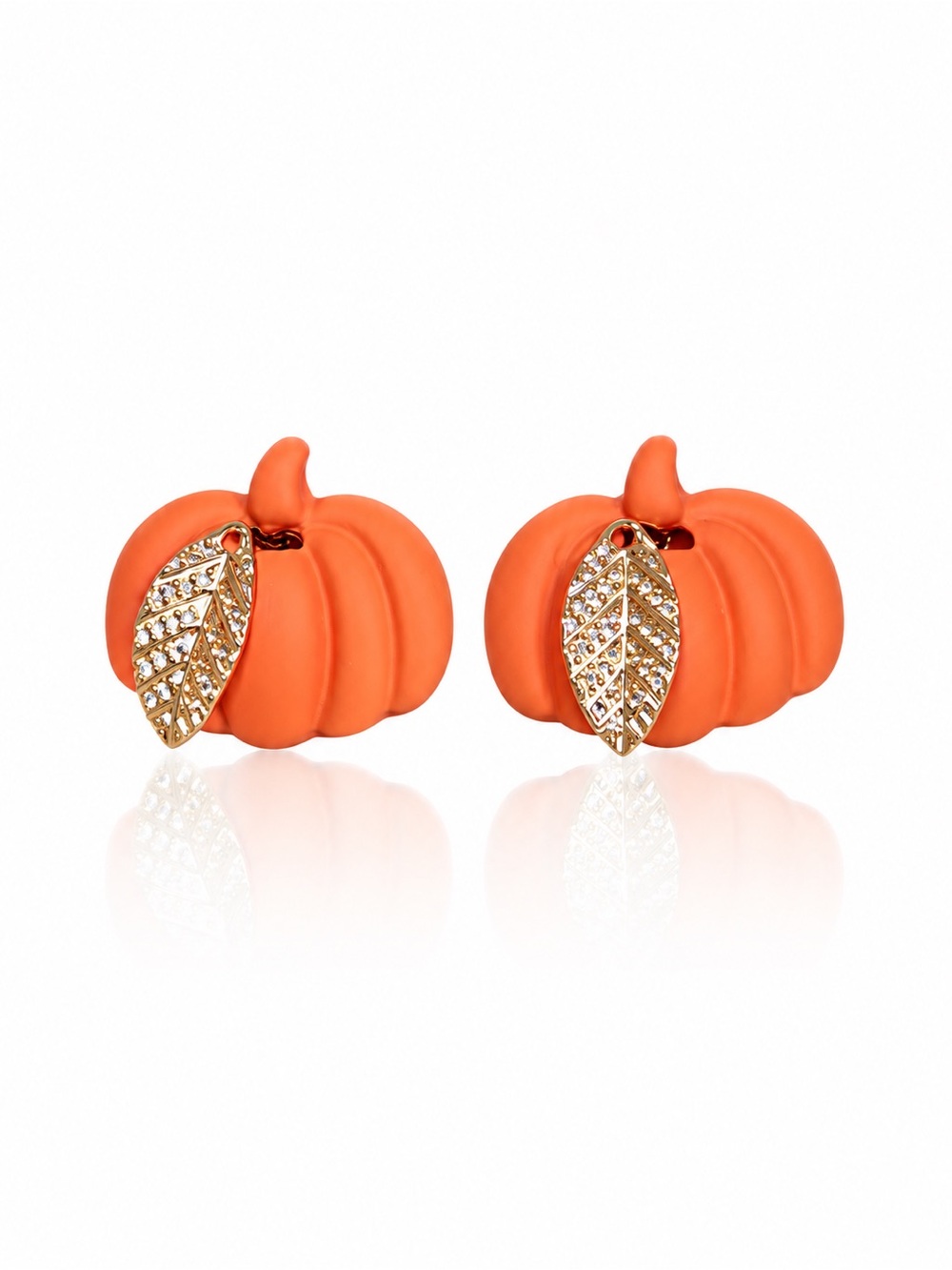 Gold Leaf Accent Orange Pumpkin Stud Earrings - Picture 1 of 12